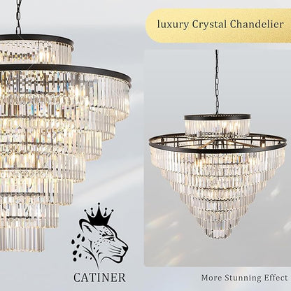 43.3" Large Crystal Chandeliers 28 Lights Black Modern Chandelier for Foyer Staircase High Ceiling 8 Tiers Round K9 Ceiling Pendant Lighting Fixture Luxury for Lobby Living Room