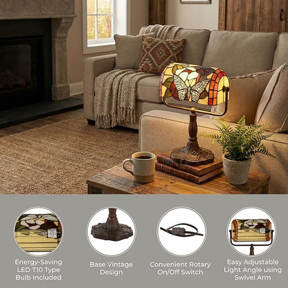 Tiffany Style Bankers Lamp-Stained Glass Butterfly Design Table or Desk Light LED Bulb Included-Vintage Look Colorful Accent Decor by Lavish Home
