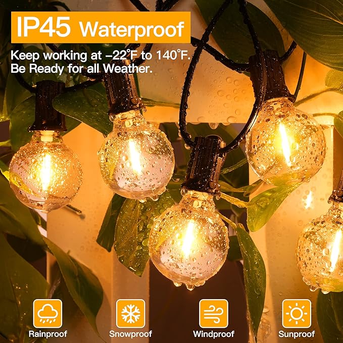 Ollny 50FT Outdoor String Lights, Waterproof Connectable Shatterproof Outside Light with 25 Edison + 2 Spare LED Bulbs Plug in, Patio Lights for Indoor Balcony Porch Camping Deck
