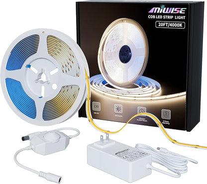 MIWISE COB LED Strip Light 20ft/6.1m,CRI 90+ Natural White 4000K High Lumen Dimmable Super Bright Flexible DC24V LED Tape Light with Controller/Dimmer,for Cabinet Home Office DIY Lighting Projects