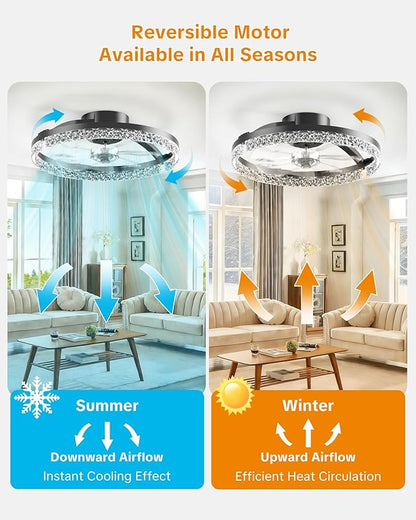 Ceiling Fans with Lights and Remote Low Profile Flush Mount LED Ceiling Fan with Lights 3000K-6500K Dimmable Foldable Fandelier Light 6 Wind Speeds Night Light for Bedroom Living Room Black