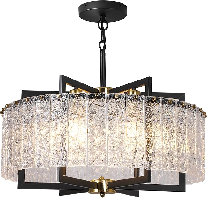 Modern Black Crystal Chandeliers for Dining Room, Elegant Chandelier Light Fixture for Kitchen Island, Water Ripple Glass, Drum Hanging Lights for Bar Table Entryway Foyer Hallway-24”