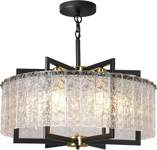 Modern Black Crystal Chandeliers for Dining Room, Elegant Chandelier Light Fixture for Kitchen Island, Water Ripple Glass, Drum Hanging Lights for Bar Table Entryway Foyer Hallway-24”