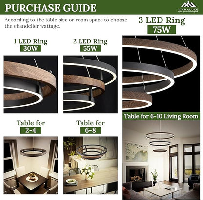 LED 3 Ring Chandelier Dining Room Modern Black Chandelier with Remote Control Dimmable High Ceiling Pendant Light for Entry Foyer Living Room Bedroom Kitchen Island, 75W