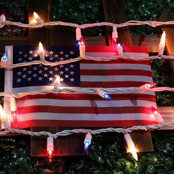 LAMPHOME 100 Count Red White and Blue Mini String Lights with White Wire,Connectable 19.6ft 120V Waterproof 4th of July Patriotic Incandescent Lights, Independence Day Lights for Outdoor Indoor Decor