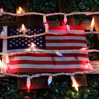 LAMPHOME 100 Count Red White and Blue Mini String Lights with White Wire,Connectable 19.6ft 120V Waterproof 4th of July Patriotic Incandescent Lights, Independence Day Lights for Outdoor Indoor Decor