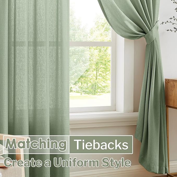 Melodieux Sage Green Semi Sheer Curtains 96 Inches Long for Living Room, Bedroom Faux Linen Texture Farmhouse Rod Pocket Shiny Sheer Curtains Drapes Light Filtering, 52" W x 96" L, 2 Panels