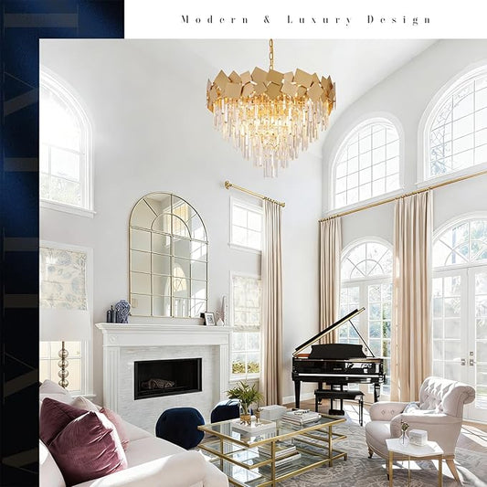 A AXILIXI Large Crystal Chandeliers 30'' Modern Gold Round Chandeliers for High Ceiling K9 6-Tier Large Brass Ceiling Chandelier Light Fixtures Luxury Chandelier for Staircase Foyer Living Room