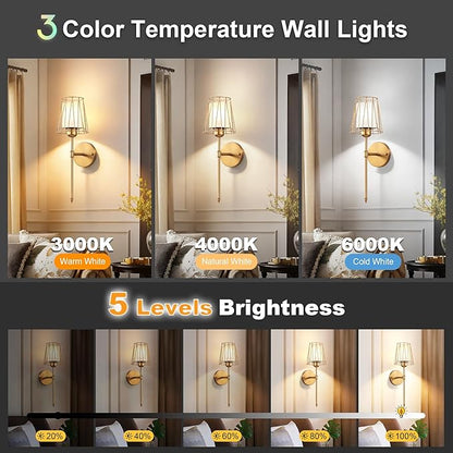 VbiTmn Wall Sconces Set of Two, Gold Wall Sconces Battery Operated, Rechargeable Wireless Wall Lights with Remote, 15 Colors Dimmable 3000K-6000K, Brass Wall Lamps for Bedroom Living Room