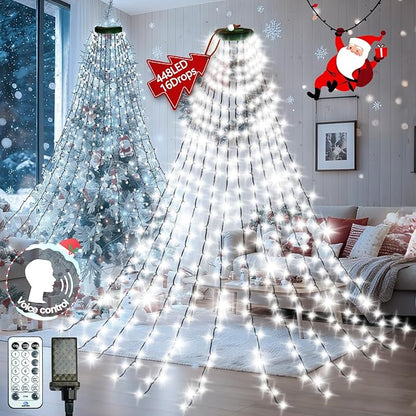 2025 New Christmas Tree Lights Indoor with Voice Control & Remote | 448LED Waterfall Tree Topper Lights with 12 Modes & Timer, 7FT x 16 Lines Cascading Twinkle Lights for 7FT Xmas Decor(Cool White)