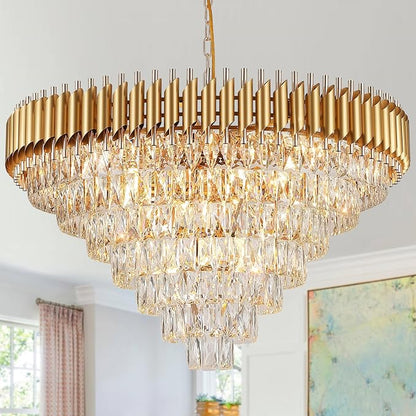 35'' Large Foyer Chandeliers Modern Gold Crystal Chandeliers for Staircase 22 Light Luxury Chandelier 7-Tier K9 Crystal Round Chandelier with Adjustable Chain for High Ceiling Entry Living Room
