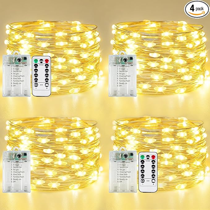 4 Pack Fairy Lights Battery Operated with Remote Control Timer, LED String Lights Outdoor Indoor Decorations, 8 Modes Twinkle Lights for Christmas Party Wedding Birthday Bedroom Décor (Warm White)