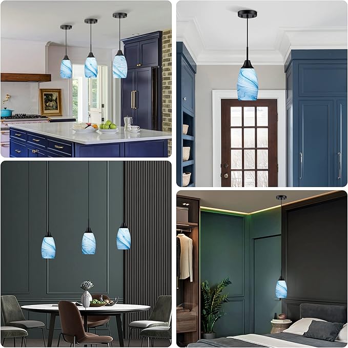 Viinew Mini Glass Pendant Light 4.72" with Handblown Blue Marble Art Glass Hanging Light 3-Pack Oval Ceiling Hanging Light Fixture for Dining Room Kitchen Island Cafe Foyer Hallway