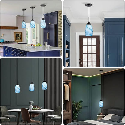 Viinew Mini Glass Pendant Light 4.72" with Handblown Blue Marble Art Glass Hanging Light 3-Pack Oval Ceiling Hanging Light Fixture for Dining Room Kitchen Island Cafe Foyer Hallway