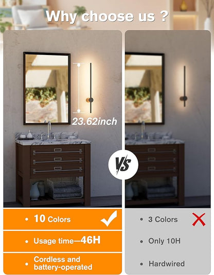 JOFIOS Battery Operated Wall Sconces Set of 2,10000mAh Rechargeable Wireless Sconces with Remote Control,Dimmable Wall Lamps with 7 Colors,23.6 Inch Modern Black Wall Lights for Bedroom, Living Room