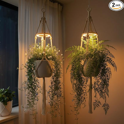 2 Pack Hanging Plant Grow Lights for Indoor Plants with Timer, Wall Mounted Full Spectrum Pendant Growing Light with Macrame Plant Hanger, Ceiling LED Planta Luz for Potted Plants Home Decor