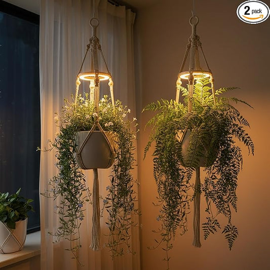 2 Pack Hanging Plant Grow Lights for Indoor Plants with Timer, Wall Mounted Full Spectrum Pendant Growing Light with Macrame Plant Hanger, Ceiling LED Planta Luz for Potted Plants Home Decor
