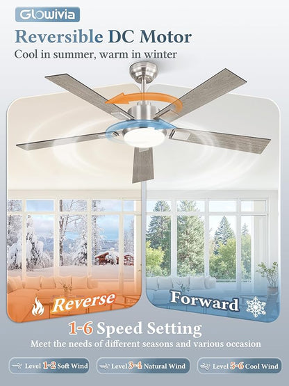 52 Inch Ceiling Fans with Lights and Remote&APP Control, Brushed Nickel Smart Ceiling Fan with 3000-6000K Dimmable, 6 Speeds Reversible, Indoor/Outdoor Ceiling Fan for Bedroom Living Room
