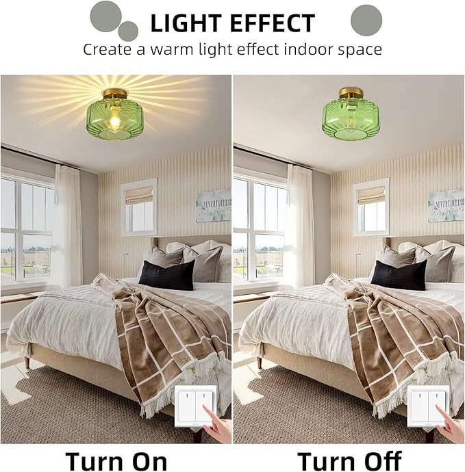 Green Glass Semi Flush Mount Ceiling Light, Luxury Close to Ceiling Light Fixtures with Glass Shade, 11" Round Light Fixtures Ceiling Mount for Bathroom Dining Room Bedroom Living Room Hallway, E26
