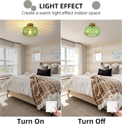 Green Glass Semi Flush Mount Ceiling Light, Luxury Close to Ceiling Light Fixtures with Glass Shade, 11" Round Light Fixtures Ceiling Mount for Bathroom Dining Room Bedroom Living Room Hallway, E26