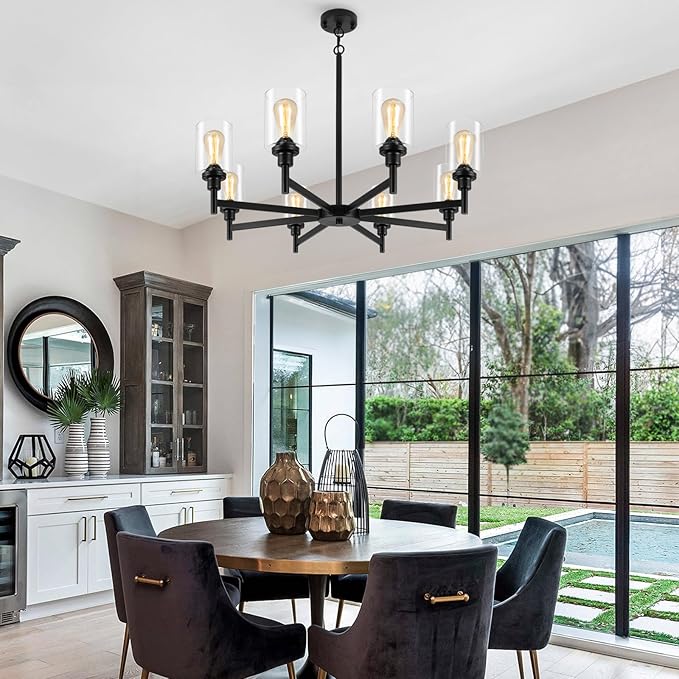 LIGHTDAMY Black Chandeliers for Dining Room Light Fixture, Modern Farmhouse Chandelier, 8 Lights with Clear Glass Shade Industrial Hanging Lighting for Living Room Kitchen Island Bedroom