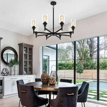 LIGHTDAMY Black Chandeliers for Dining Room Light Fixture, Modern Farmhouse Chandelier, 8 Lights with Clear Glass Shade Industrial Hanging Lighting for Living Room Kitchen Island Bedroom