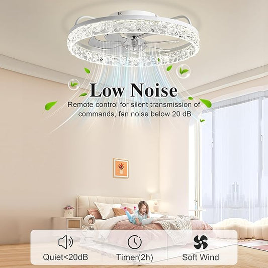 Ceiling Fans with Lights and Remote Fandelier - 20'' Flush Mount Crystal & White Low Profile Modern Ceiling Fans for Bedroom - Stepless Color Temperature and 6 Speeds