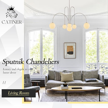 Brushed Nickel Sputnik Chandelier,Modern 6 Lights Chandelier Large L40”Mid Century Long Ceiling Pendant Light Fixtures for Dining Room with Milk Glass Globe Shades for High Ceiling Foyer Living Room