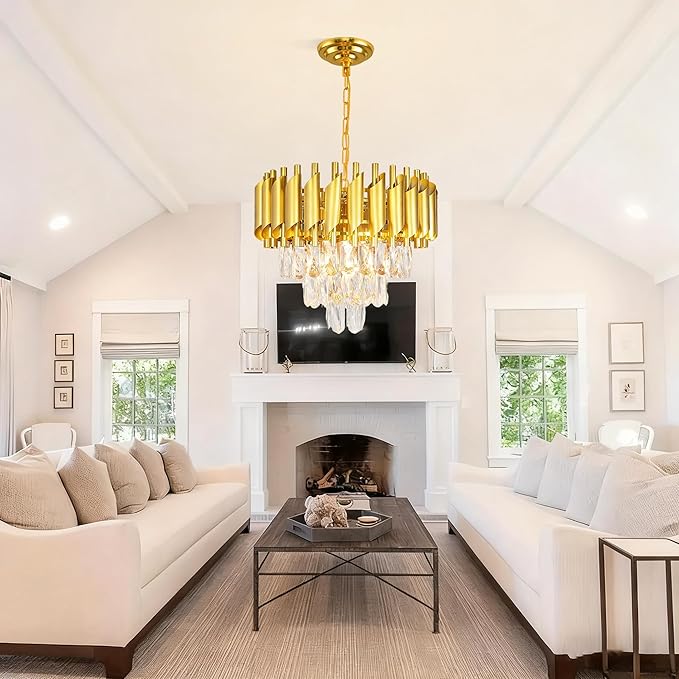 Modern 16-inch Gold Crystal Chandelier, 3-Tier Dimmable Ceiling Pendant Light with Adjustable Chain, Round Flush Mount for Dining Room, Living Room, Bedroom, Kitchen, Foyer