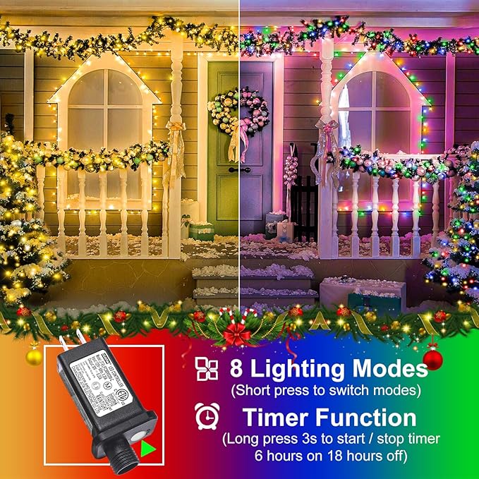 2 Pack Christmas Lights Outdoor, Total 200FT 600LED String Lights for Outside Waterproof, 8 Modes Plug in Connectable Fairy Lights for Indoor Patio Party Decor, 1 Pack Warm White & 1 Pack Multicolor