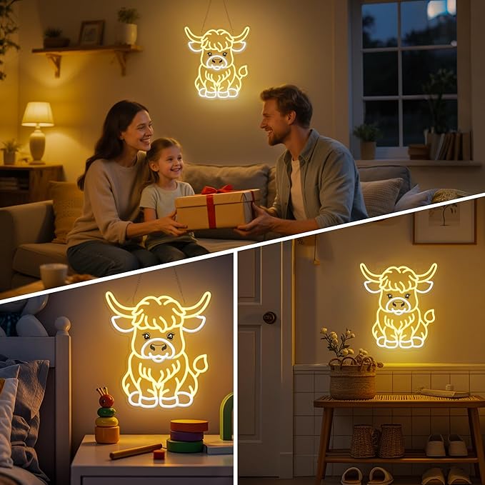OkiyiD Highland Cow Neon Sign, Cow Decor Wall Art Gifts for Kids, Animal Themed Wall Decor for Bedroom,Living Room,Rustic Farmhouse,USB-Powered Energy-Saving Light with Hanging Kit