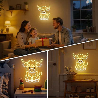OkiyiD Highland Cow Neon Sign, Cow Decor Wall Art Gifts for Kids, Animal Themed Wall Decor for Bedroom,Living Room,Rustic Farmhouse,USB-Powered Energy-Saving Light with Hanging Kit