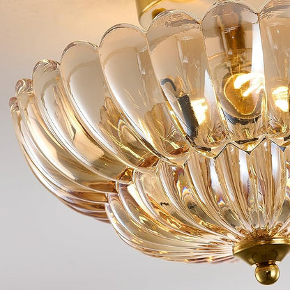Semi Flush Mount Ceiling Light Fixture, 12" Vintage Gold Ceiling Light with Amber Glass Shade, 3-Light Close to Ceiling Light for Hallway Entryway Bedroom Kitchen, Mid Century Modern