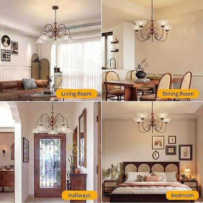 5-Light Vintage Chandeliers in Antique Red Bronze Finish with Crystal Glass Shades, Retro Chandelier Light for Dining Room, Hallway, Kitchen