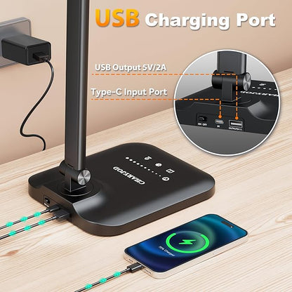 CHARYJOD LED Desk Lamp for Office Home, Height Adjustable Architect Desk Light with USB Adapter, Stepless Dimming Desk Lamp Light for Reading, Study, Workbench