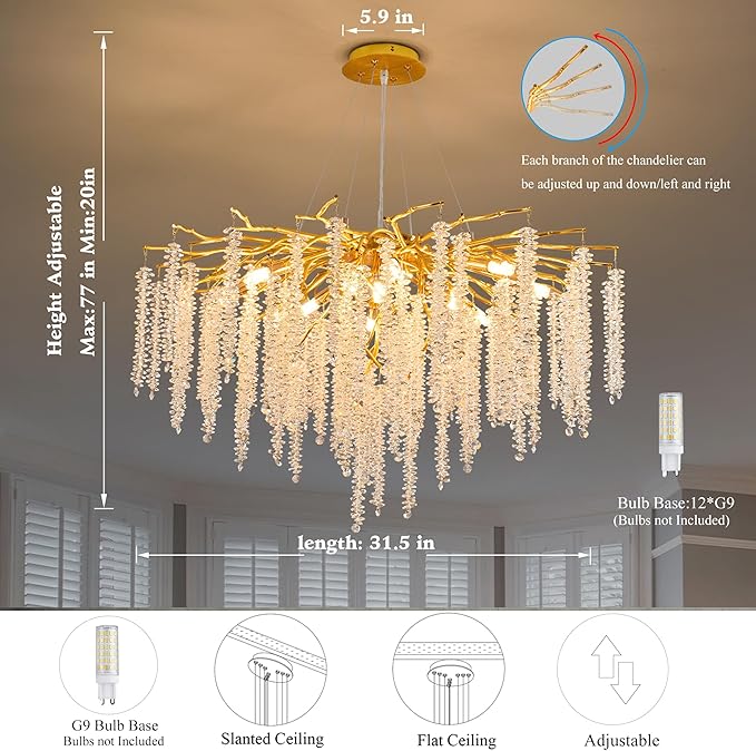 Crystal Tree Branches Chandeliers Luxury Round Raindrop Pendant Light Fixture Ceiling Hanging Light for Dining Room Bedroom Living Room Entryway D31.5“ Gold