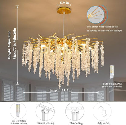 Crystal Tree Branches Chandeliers Luxury Round Raindrop Pendant Light Fixture Ceiling Hanging Light for Dining Room Bedroom Living Room Entryway D31.5“ Gold