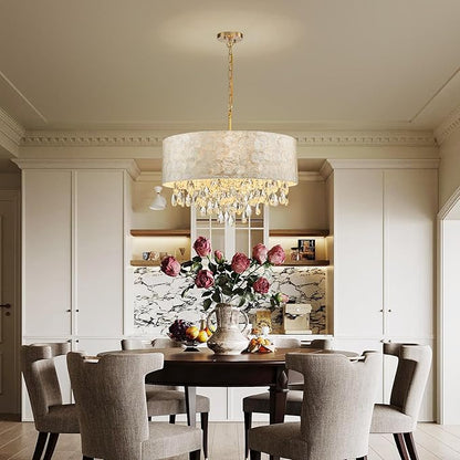 LumFurn X-Large 6-Light Drum Capiz Shell Crystal Chandeliers, Coastal Style Pendant Light Fixture for Dining Room, Living Room, D24 x H23~71 inch(Adjustable), Shell Lampshade & Gold Finish