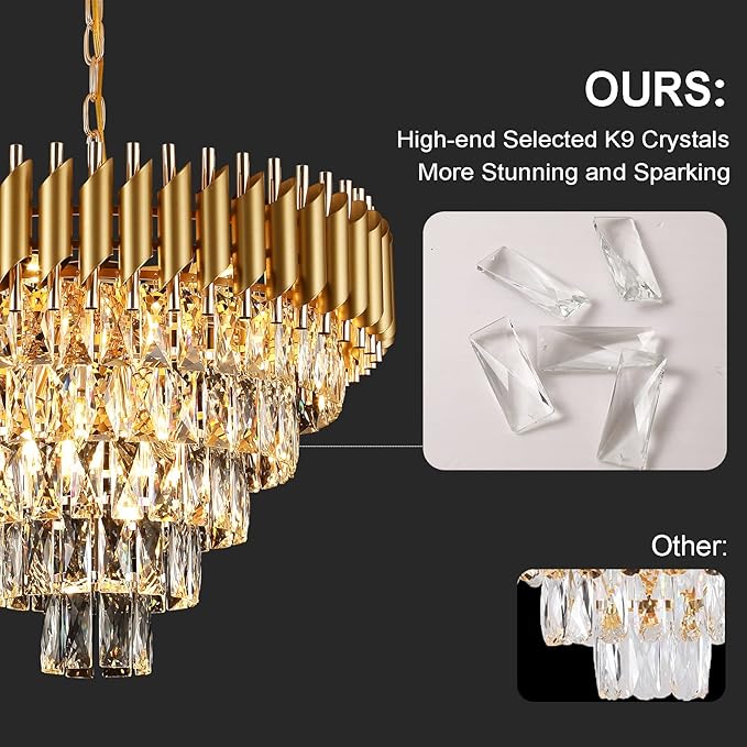 AXILIXI Modern Crystal Chandelier Gold, 24" Round Chandeliers for Dining Room K9 5 Tiers Ceiling Pendant Light Fixtures Golden Large Raindrop Flush Mount Chandelier for Foyer Living Room Staircase