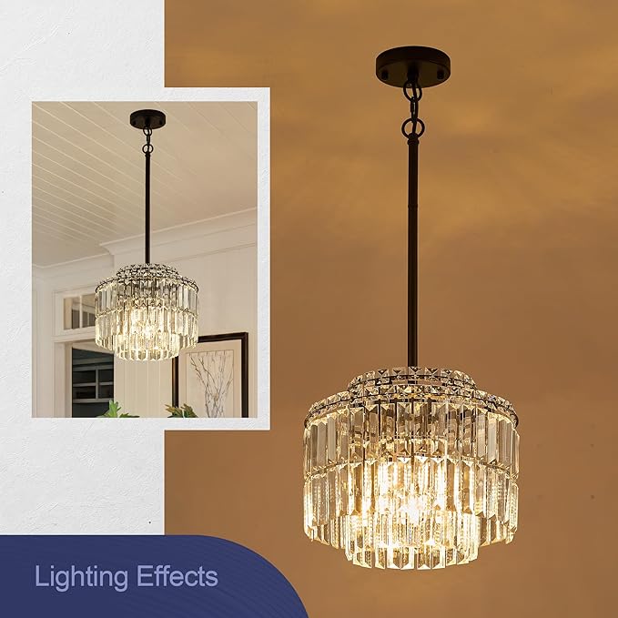 Modern 12.8“ Black Crystal Chandelier Ceiling Light Fixtures for Dining Room Luxury Glam 4-Light Crystal Chandeliers Lighting for Bedroom Entryway Hallway Living Room Kitchen Island Foyer