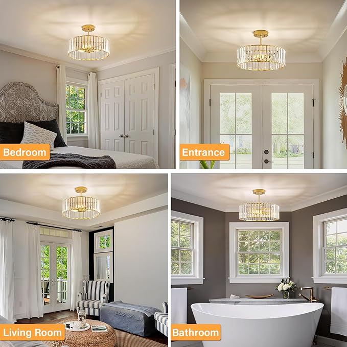 YURNYQ Glod Crystal Ceiling Light Fixture, Modern Semi Flush Chandelier, Round Hanging Lighting Chandeliers for Dining Room, Kitchen, Bedroom, 3-Light, 15.74 Inch