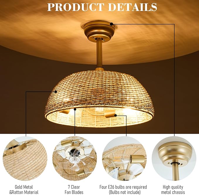 19.3" Rattan Caged Ceiling Fan with Lights 4-Lights Boho Flush Mount Bamboo Fandelier with Remote Reversible Farmhouse Wicker Fan Chandelier for Bedroom Living Room Dining Room Entryway