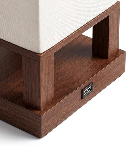 Brightech Maxwell Bedside Lamp with USB Port – Compact Table Lamp for Bedroom, Living Room - Modern Asian Nightstand Lamp with Wood Frame - LED Bulb, Soft Light - Havana Brown