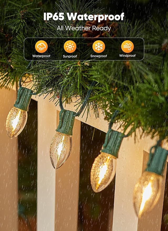 Minetom Vintage C9 LED Christmas Lights Outdoor Warm White, 50 Feet C9 String Lights for Christmas Tree Roofline Holiday Party Indoor Outdoor Garden Patio Backyard Cafe Xmas Decoration, Green Wire