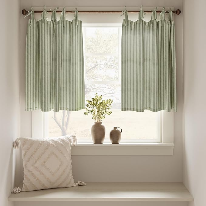 jinchan Tie Top Linen Kitchen Curtains 36 Inches Striped Tier Curtains Farmhouse Modern Cafe Style Small Window Treatments Airy Light Filtering Rod Pocket for Living Room Bathroom 2 Panels Sage Green