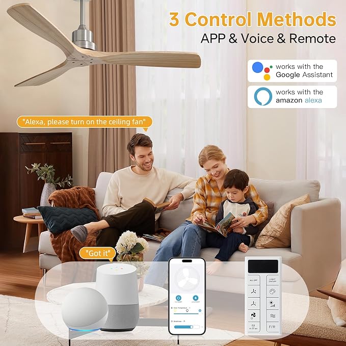 Sofucor Smart Ceiling Fan no Lights, 52" Low Profile Ceiling Fans with Remote, Compatible with Alexa/Google/App, 3-Color Light 6-Speed DC Motor Reversible Timer for Bedroom Living Room Patio Outdoor