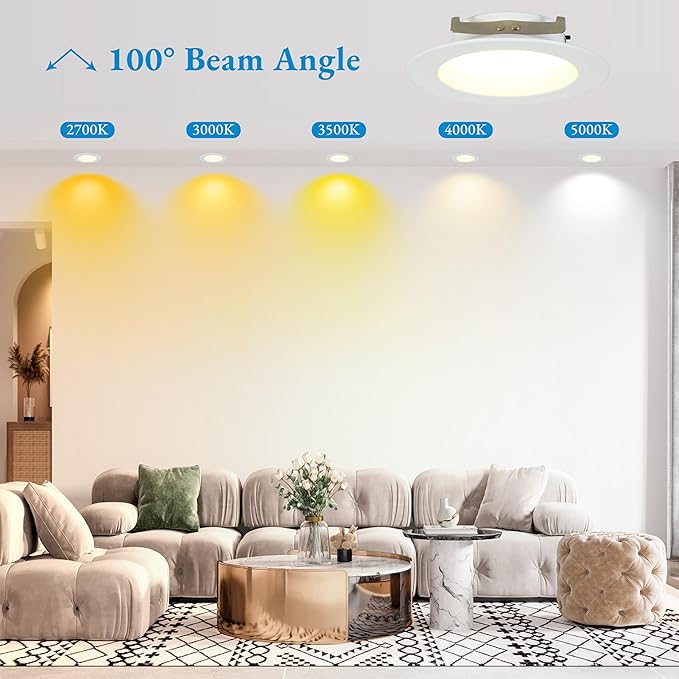 KSANA Recessed Lighting 4 Inch, 5CCT White LED Can Lights for Ceiling, 5 Colors Selectable-2700K/3000K/3500K/4000K/5000K, 10W Eqv 60W, Dimmable Retrofit Downlight with Baffle Trim
