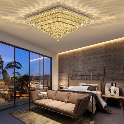 COCOSTAR Crystal Chandeliers, Modern Led Luxury Chandelier, 42" Suqare Flush Mount Chandelier Ceiling Light, Raindrop Chandeliers for Dining Room, Living Room, Bedroom