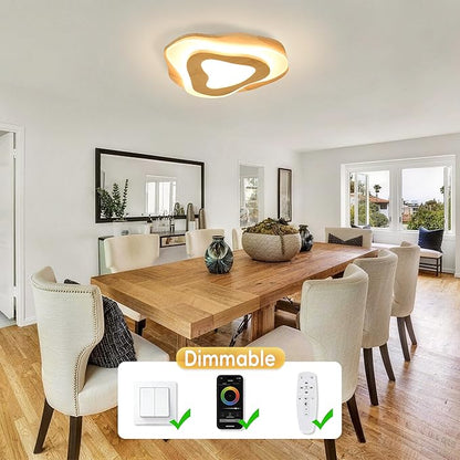 Littleglovo 15.7" Modern Flush Mount LED Chandelier for Dining Room, Dimmable Natural Wood Petal Energy Chandeliers Ceiling Light for Entryway Bedroom Foyer Kitchen Living Room Bathroom
