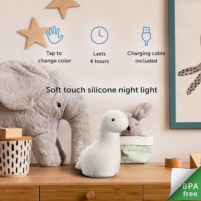 Globe Electric Multicolor LED Silicone Night Light, Brontosaurus Tap Light, Rechargeable, Color Changing, Soft BPA-Free Body, Kids Nursery Décor, 13848